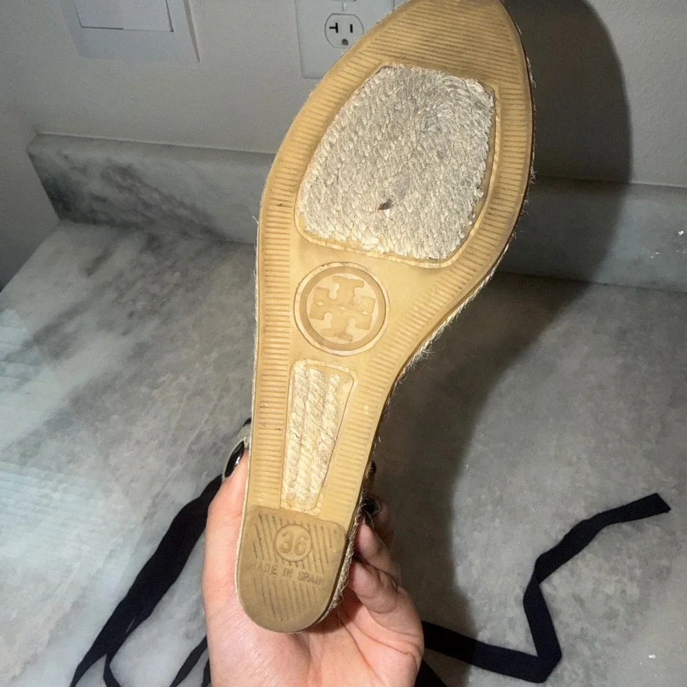 Tory‎ Burch Navy Geometric Logo Canvas Ankle Tie Espadrille Wedge Sandals 36